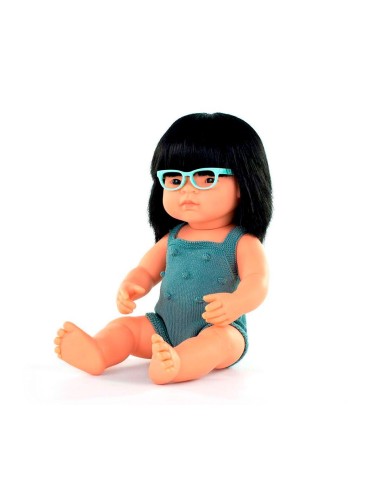 Muñeca Asiática con Gafas y Pelele Plomo 38 cm