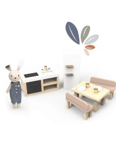 Juego de cocina para casa de muñecas con 4 sillas, incluye 1 personaje Speedy Monkey