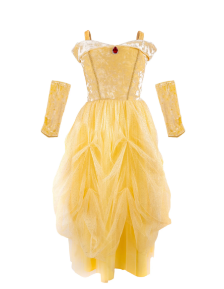 Vestido de princesa amarillo suave y aterciopelado con calentadores de brazos