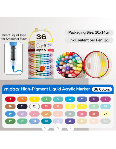 Marcadores acrílicos líquidos con punta de pincel Mideer – 36 colores en tubo