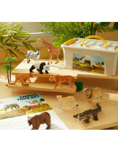 Conjunto de 15 figuras de animales salvajes con caja de almacenamiento portátil. Mideer