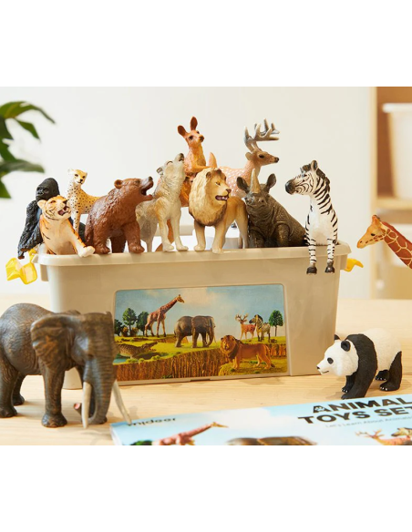 Conjunto de 15 figuras de animales salvajes con caja de almacenamiento portátil. Mideer