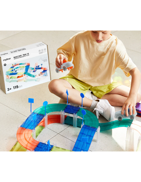 Bloques magnéticos con coches de carreras – Pista de carreras (115 piezas) Mideer