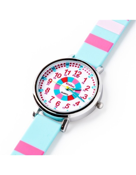 Reloj aprende la hora. Correa silicona. Color RAYAS rosa y turquesa