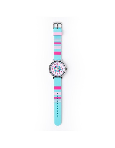 Reloj aprende la hora. Correa silicona. Color RAYAS rosa y turquesa
