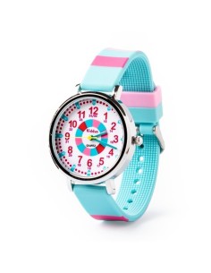 Reloj aprende la hora. Correa silicona. Color RAYAS rosa y turquesa